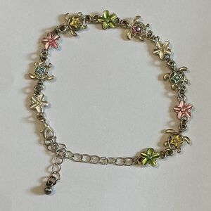 Silver Turtle Charm Bracelet with Pink, Green, and Yellow Accents